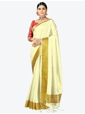 Cream Woven Cotton Silk Festive Wear Designer Saree small FABSA21345