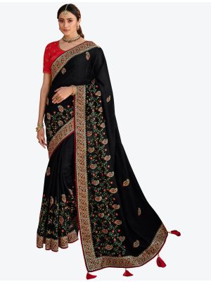 Deep Black Premium Satin Georgette Party Wear Designer Saree small FABSA21323