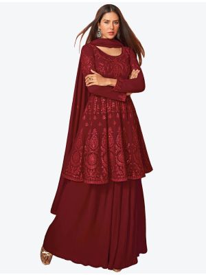 Deep Maroon Embroidered Georgette Party Wear Plazzo Suit with Dupatta small FABSL20660