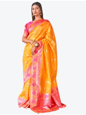 Deep Yellow Woven Jacquard Kanjivaram Art Silk Festive Wear Designer Saree small FABSA21364