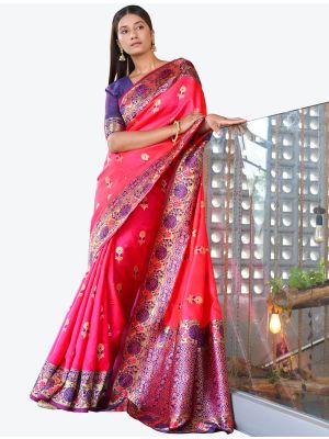 Neon Pink Woven Jacquard Kanjivaram Art Silk Festive Wear Designer Saree small FABSA21361