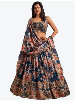 Prussian Blue Organza Party Wear Designer Lehenga Choli with Dupatta small FABLE20189