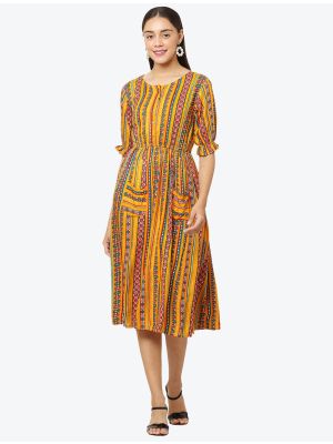 bright yellow fine rayon printed casual wear frock fabku20516