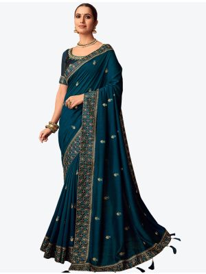 Dark Teal Embroidered Vichitra Silk Party Wear Designer Saree FABSA21420