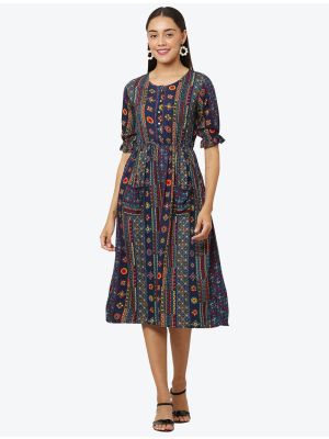 deep blue fine rayon printed casual wear frock fabku20514