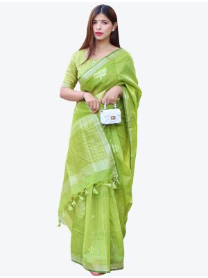 Green Zari Woven Linen Silk Festive Wear Designer Saree small FABSA21419