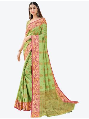 Light Green Zari Woven Handloom Cotton Party Wear Designer Saree small FABSA21475