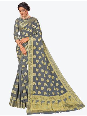 Light Grey Zari Woven Chiffon Festive Wear Designer Saree small FABSA21411
