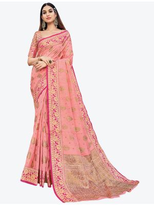 Light Pink Zari Woven Handloom Cotton Party Wear Designer Saree small FABSA21474