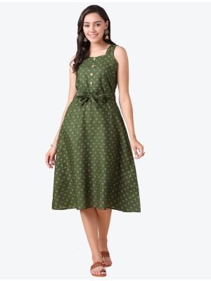 mehendi green poly cotton printed casual wear frock fabku20525