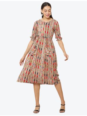 multicolored beige fine rayon printed casual wear frock fabku20518