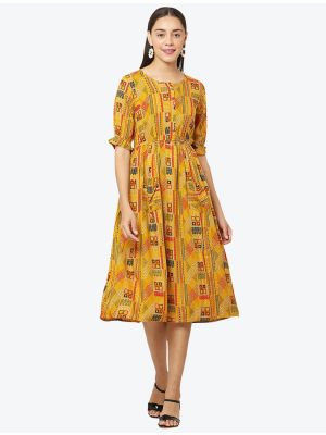 mustard yellow fine rayon printed casual wear frock fabku20521