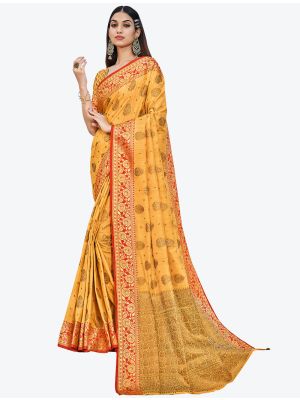 Orange Yellow Zari Woven Handloom Cotton Party Wear Designer Saree small FABSA21476
