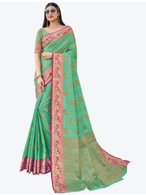 Rama Green Zari Woven Handloom Cotton Party Wear Designer Saree small FABSA21477