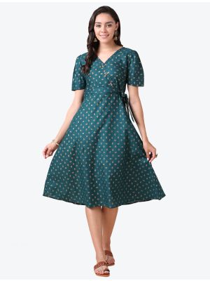 teal blue poly cotton printed casual wear frock fabku20526