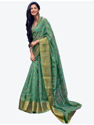 Teal Green Velvet Chiffon Party Wear Designer Saree small FABSA21452
