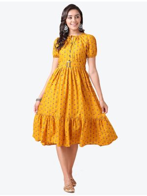 warm yellow poly cotton printed casual wear frock fabku20524