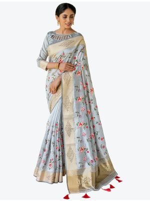 Blue Grey Mysore Silk Festive Wear Designer Saree small FABSA21493