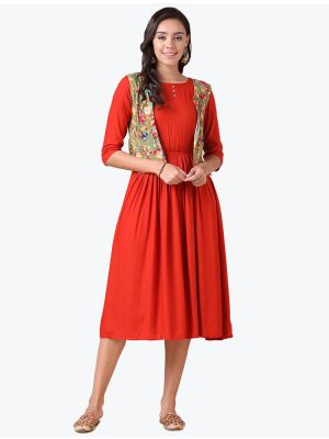 brilliant orange fine rayon frock with designer printed jacket fabku20530