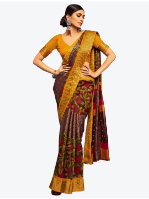 Chocolate Brown Jacquard Silk Party Wear Designer Saree small FABSA21535