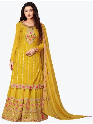 Mustard Gold Chinon Pakistani Style Palazzo Suit with Dupatta FABSL20814