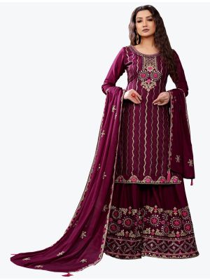 Rich Burgundy Chinon Pakistani Style Palazzo Suit with Dupatta FABSL20816
