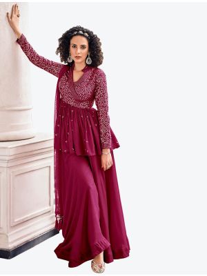 Rich Wine Viscose Georgette Festive Wear Designer Sharara Suit small FABSL20770