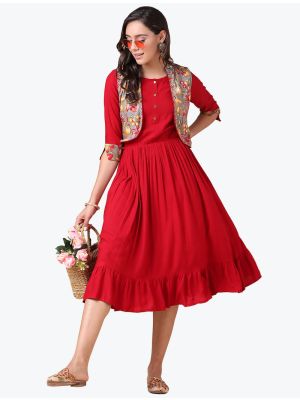 vivid red fine rayon frock with designer printed jacket fabku20528