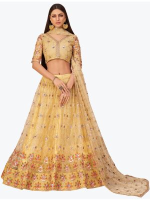 Creamy Yellow Mono Net Party Wear Designer Lehenga Choli with Dupatta FABLE20276