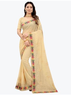 Custard Cream Embroidered Premium Georgette Designer Saree small FABSA21606