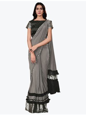 Deep Grey Fancy Lycra Premium Party Wear Designer Saree small FABSA21598