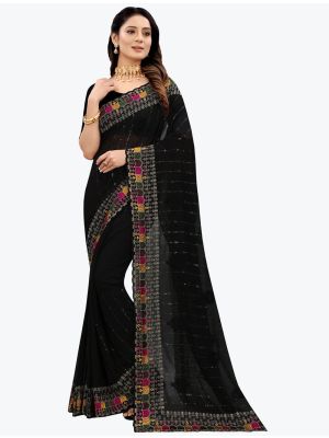 Jet Black Embroidered Premium Georgette Designer Saree thumbnail FABSA21604