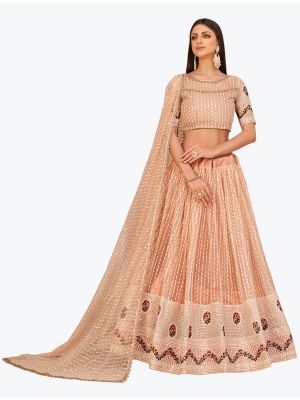 Pastel Peach Mono Net Party Wear Designer Lehenga Choli with Dupatta small FABLE20273
