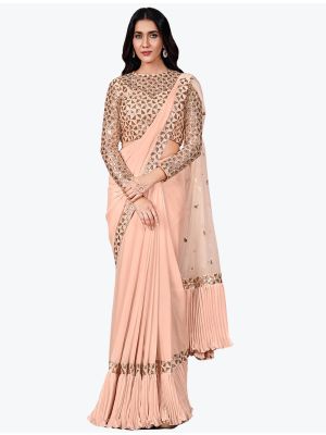 Pastel Peach Satin Silk Premium Party Wear Designer Saree small FABSA21595