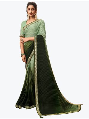 Pista Green Chinon Crush Party Wear Designer Saree small FABSA21629