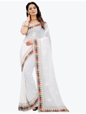 Pure White Embroidered Premium Georgette Designer Saree small FABSA21605