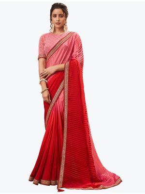 Reddish Pink Chinon Crush Party Wear Designer Saree small FABSA21628