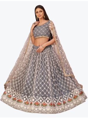 Steel Grey Mono Net Party Wear Designer Lehenga Choli with Dupatta FABLE20275