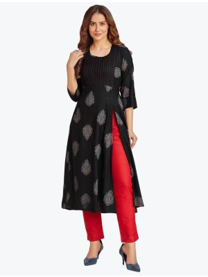 black fine rayon casual wear printed pintex kurti fabku20562