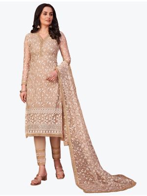 Creamy Beige Mono Net Party Wear Designer Straight Suit small FABSL20923