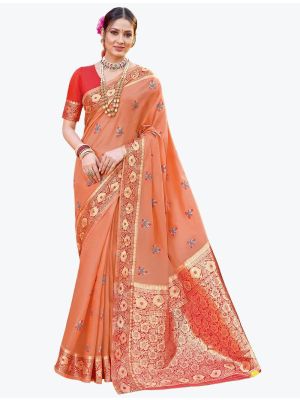 Dark Peach Woven Cotton Festive Wear Designer Saree FABSA21688