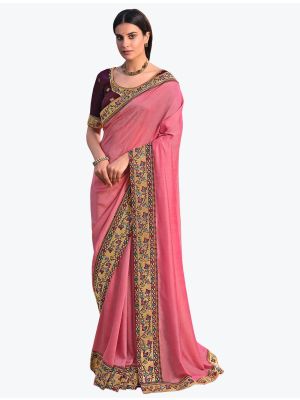 Rose Pink Premium Vichitra Silk Party Wear Designer Saree small FABSA21677