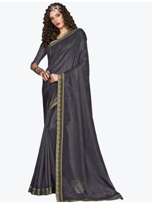 Grey Soft Vichitra Silk Party Wear Designer Saree small FABSA21729