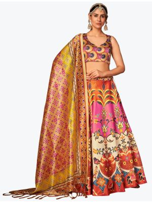 Multicolored Pink Digital Printed Rera Silk Party Wear Lehenga Choli small FABLE20296
