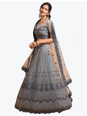 Bluish Grey Soft Net Embroidered Party Wear Designer Lehenga Choli small FABLE20306