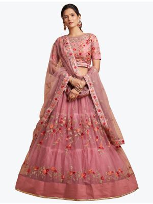 Dusty Pink Soft Net Embroidered Party Wear Designer Lehenga Choli thumbnail FABLE20303