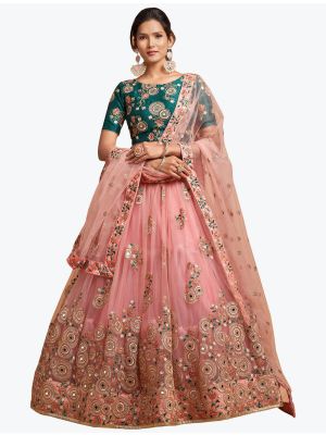 Light Peach Soft Net Embroidered Party Wear Designer Lehenga Choli small FABLE20309