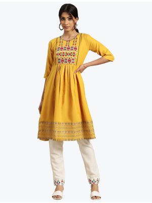 mustard poly cotton thread embroidered kurti with white trousers fabku20582