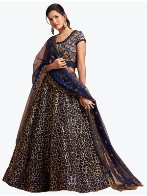 Navy Blue Soft Net Embroidered Party Wear Designer Lehenga Choli small FABLE20305