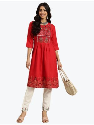 red poly cotton thread embroidered kurti with white trousers fabku20578